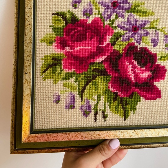 Vintage Rose Floral Cross-Stitch Wall Art - Red, Pink, Purple, Green, Gold Frame - Picture 2 of 3